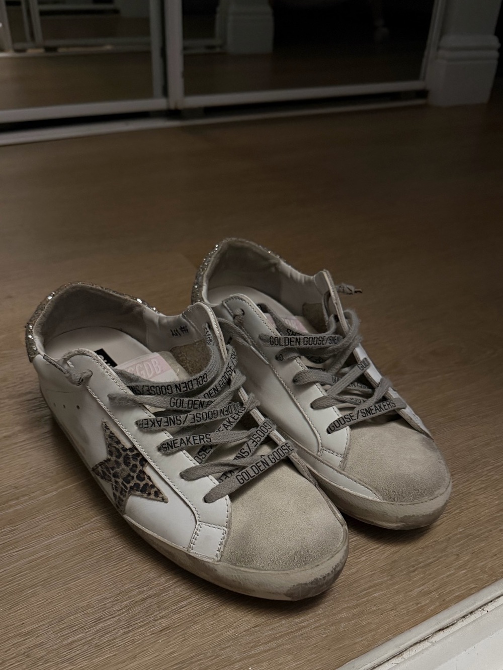 Golden Goose White Sneakers with Leopard Star and Beige Suede